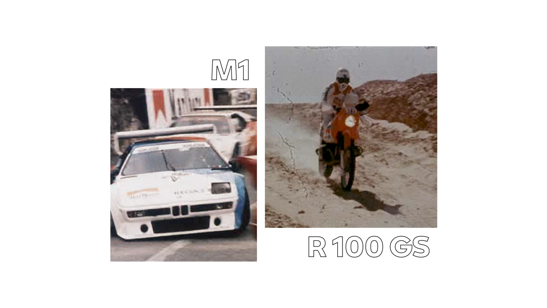 A sinistra una foto storica della BMW M1, a destra la leggendaria Rallye Paris Dakar.