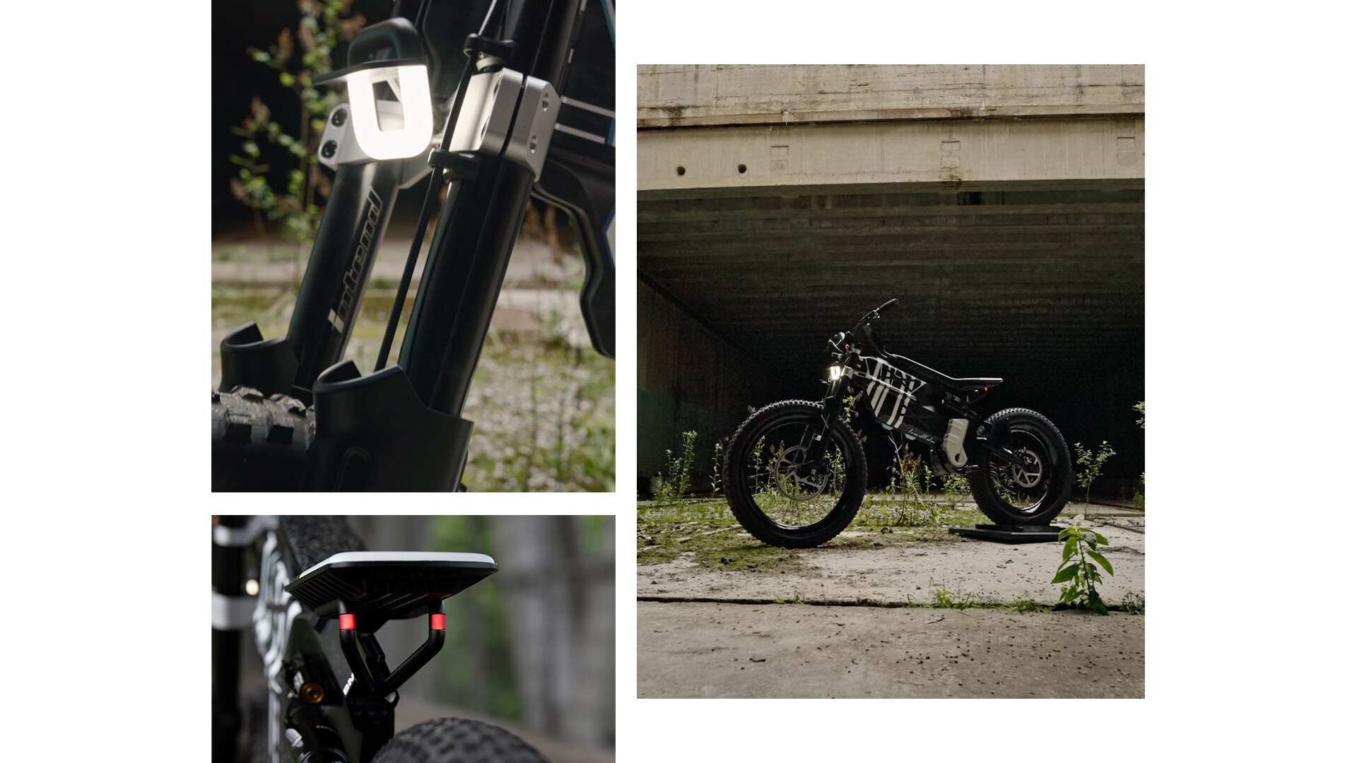 Il BMW Motorrad Vision AMBY, con la sua estetica eccezionale e gli imponenti pneumatici chiodati, nel sito di una fabbrica abbandonata.