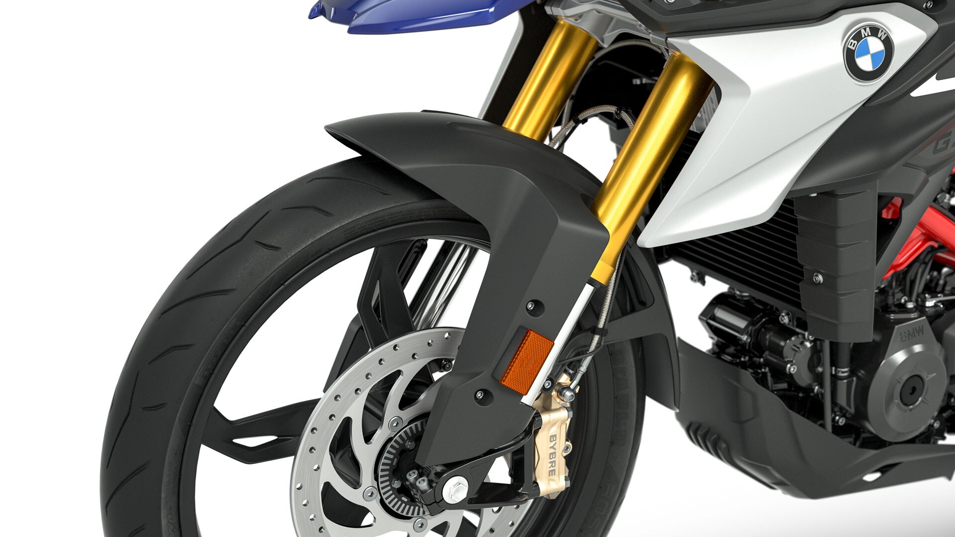 Wir sehen die goldeloxierte Upside-down-Gabel der G 310 GS.