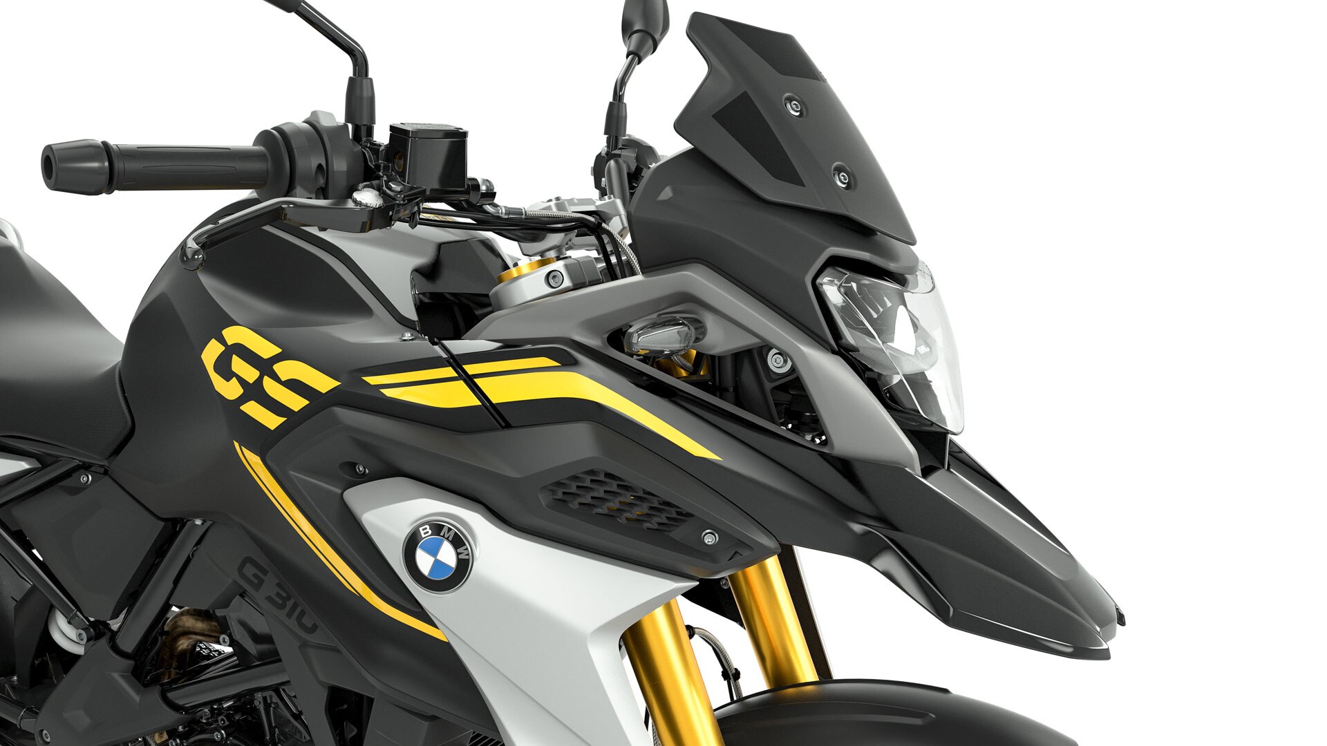 Vediamo la vista laterale del frontale della G 310 GS con protagonista il parabrezza nero.