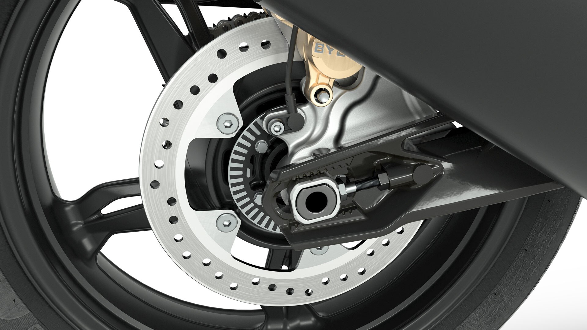 Vediamo un dettaglio dei cerchi neri della G 310 GS.