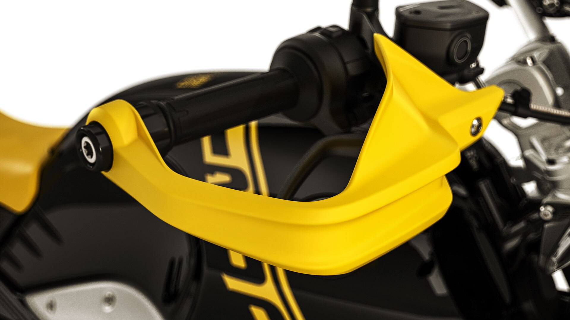 Nous voyons ici le protège-main jaune de la R nineT Urban G/S.
