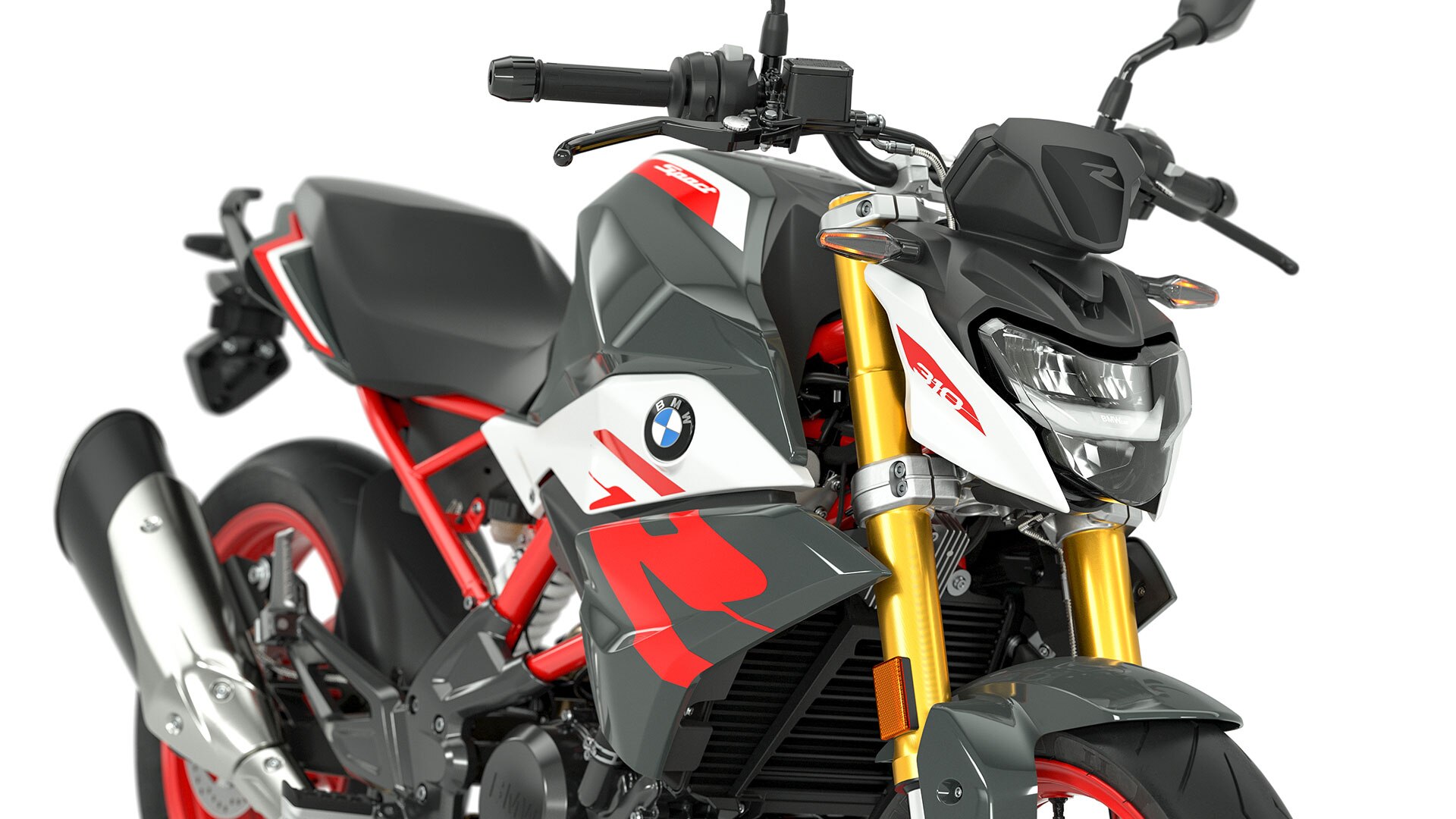 Wir sehen die serienmäßigen LED-Scheinwerfer und Blinker der G 310 R.