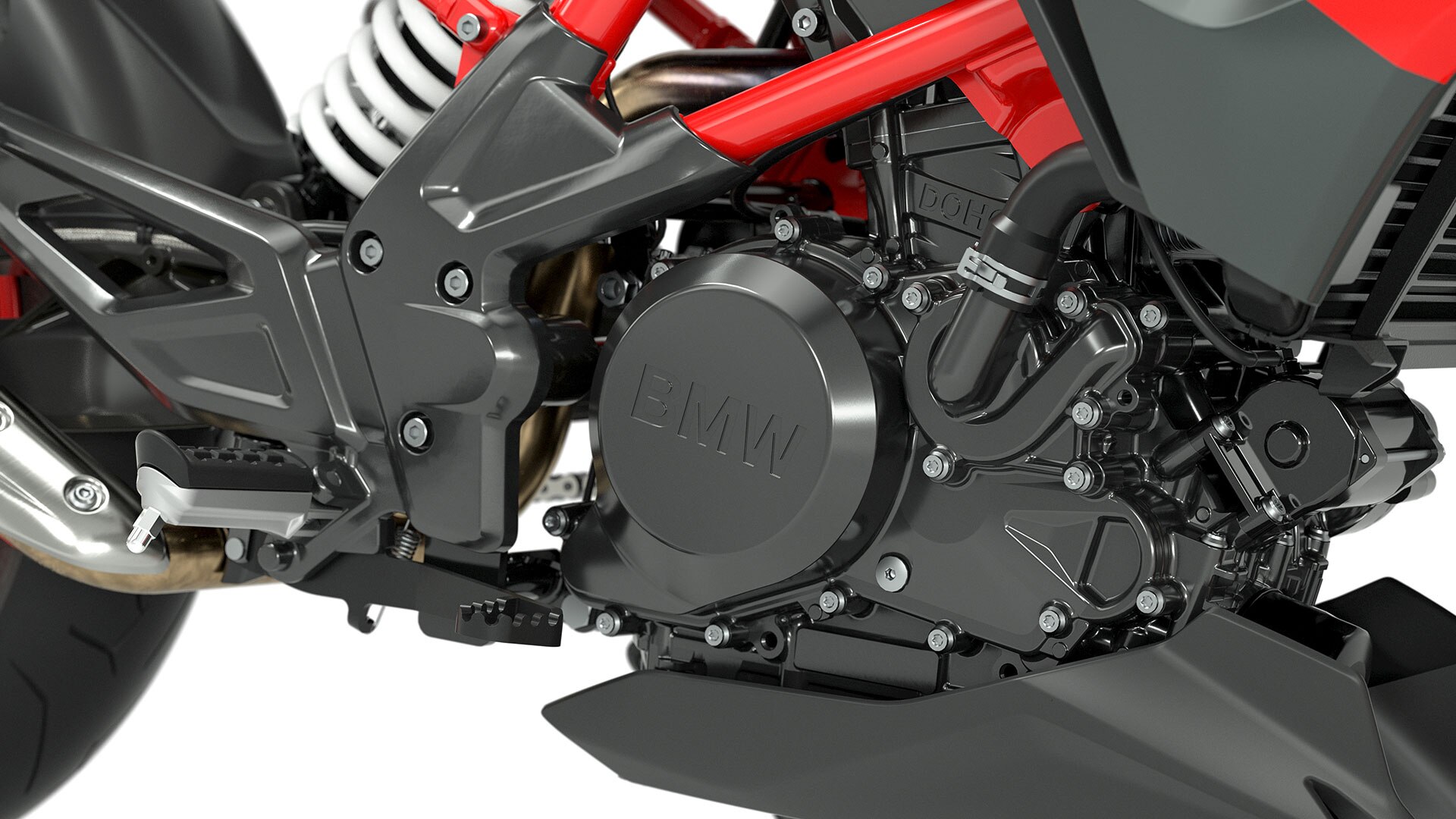 Wir sehen den titanium-grauen Motor der G 310 R.