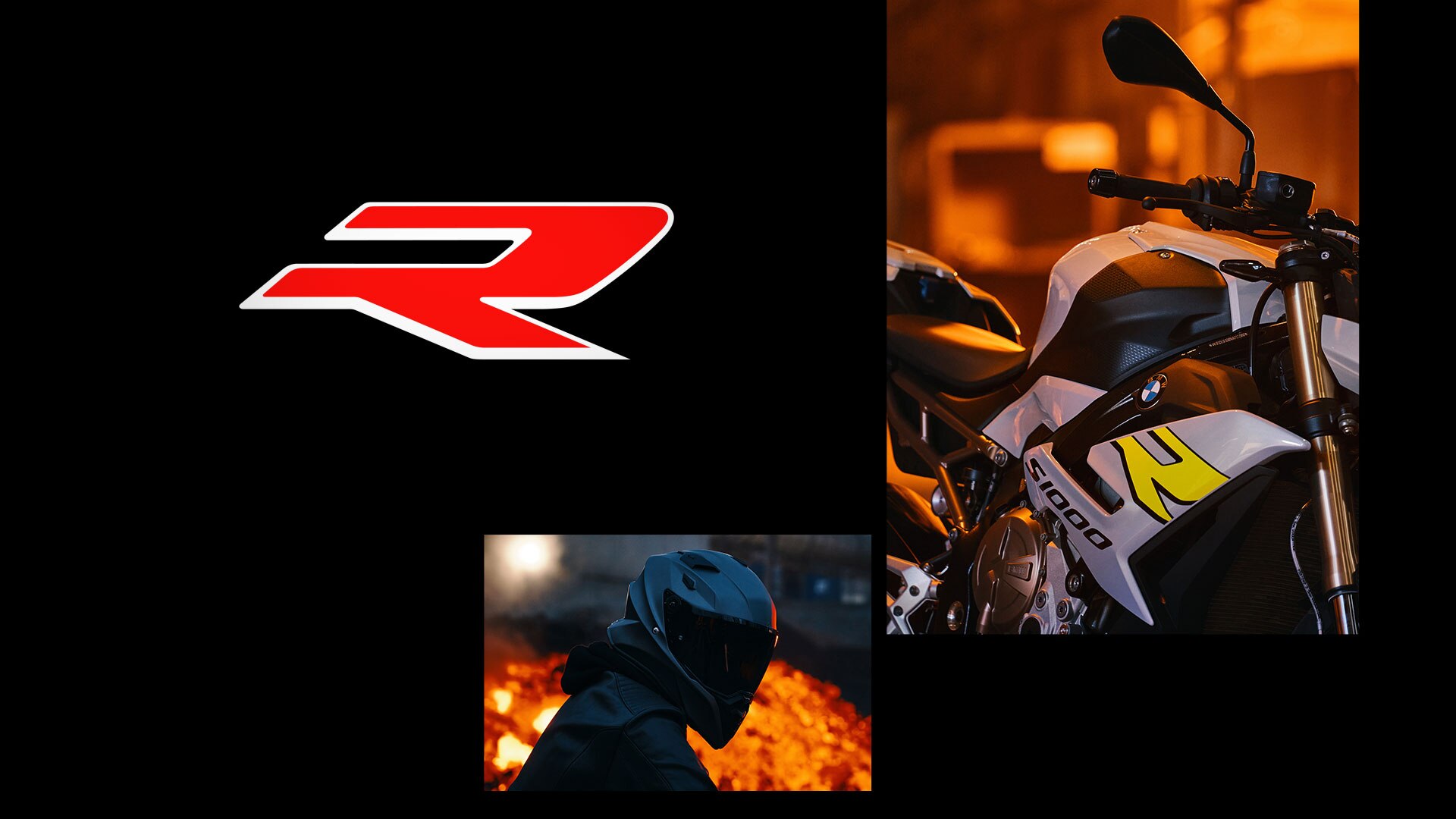 Nous voyons ici un collage de la S 1000 R en Hockenheim silver avec trois photos montrant une vue de côté de la moto, une vue de la garniture latérale et du conducteur.