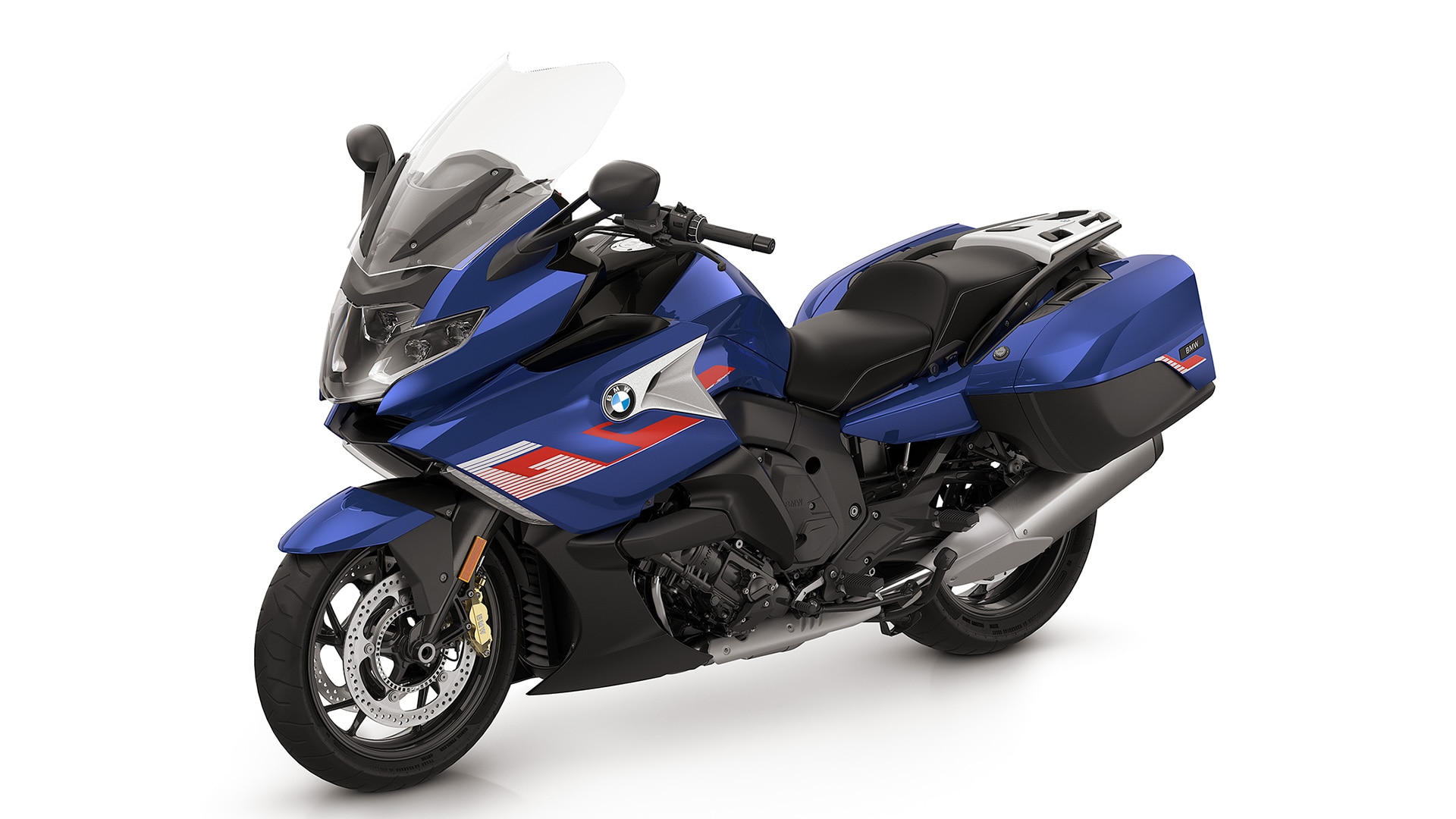 K 1600 GT in Lightwhite uni/Racingblue metallic/ Racingred uni.